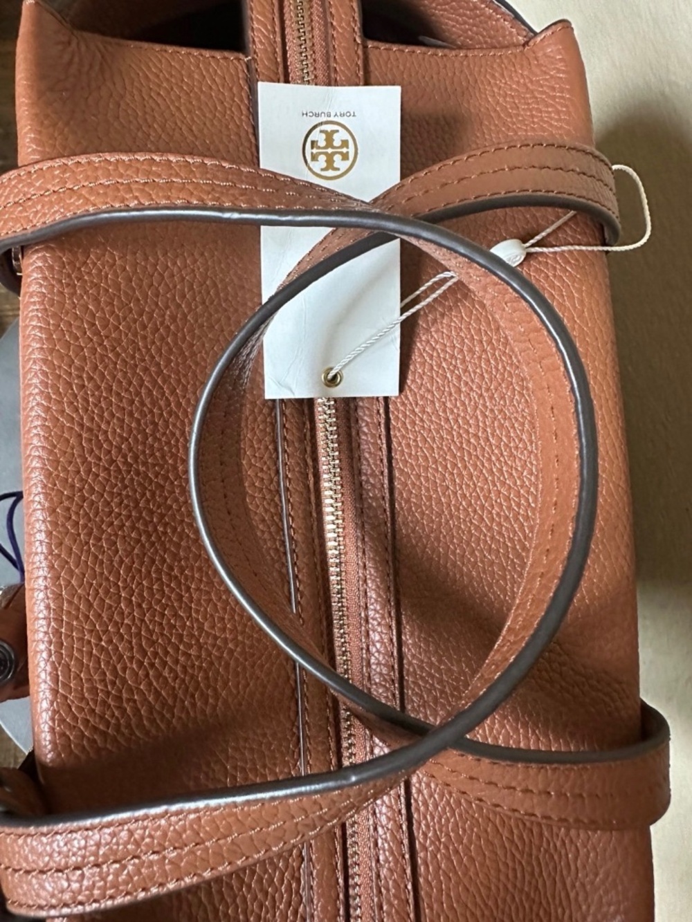 NWT Tory Burch Thea Slouchy Satchel Classic Tan 77163 Leather Brown Gold Tone - Picture 4 of 7